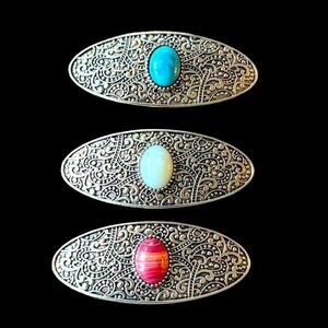Jeweled French Barrette Set – Simulated Gemstone Inlay: Turquoise, Coral & Opal